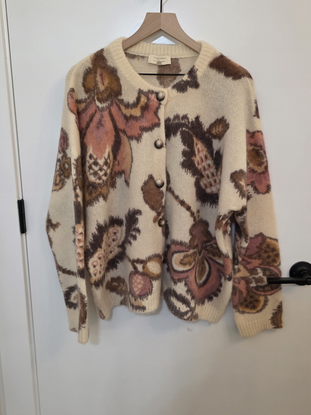 Sezane Cream Cardigan with Pink and Brown Floral Jacquard